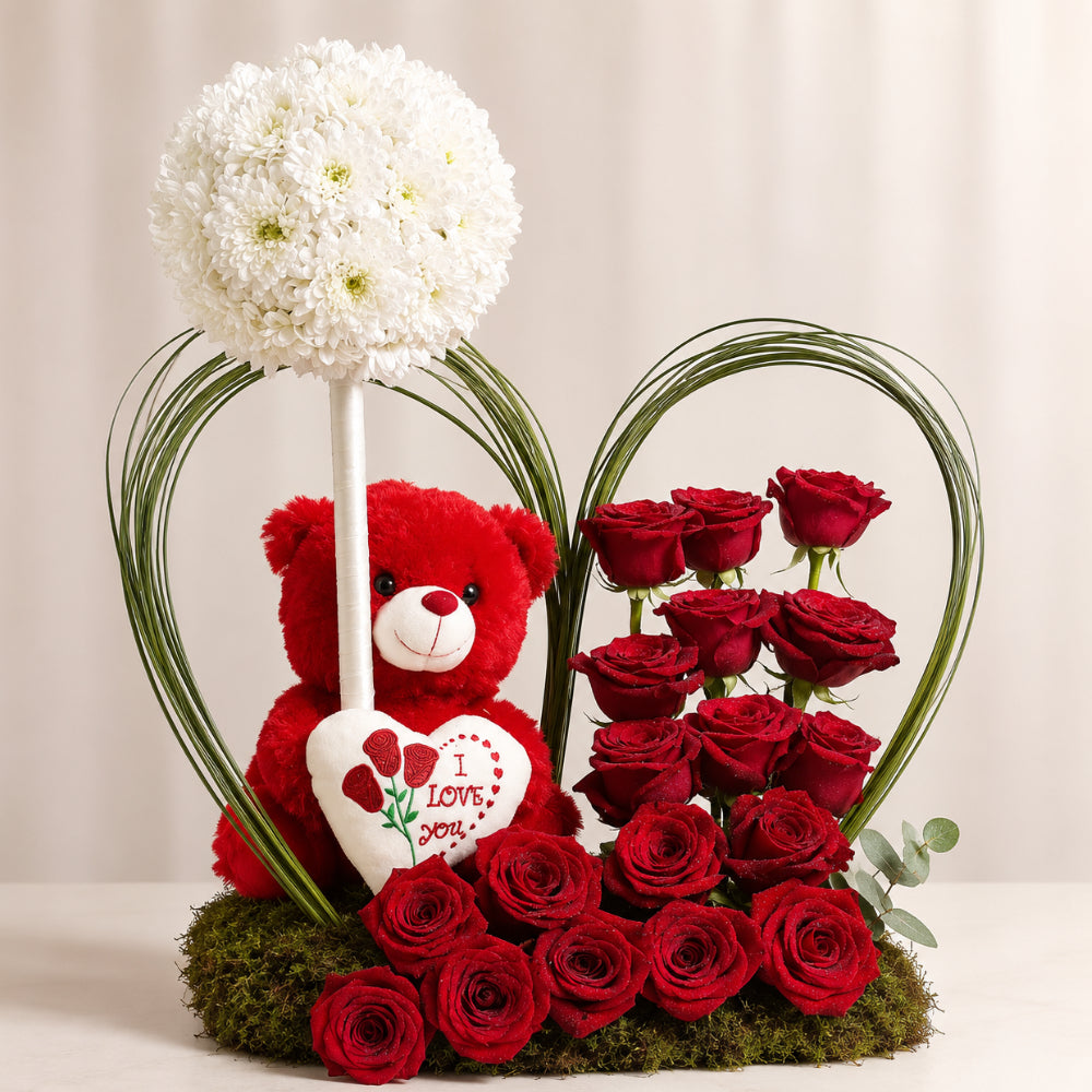 Romantic Red Rose & Teddy Bear Flower Arrangement