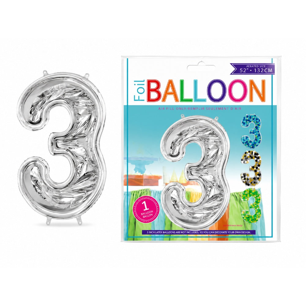 Number 3 Foil Balloon Frame - Silver - 52 Inch