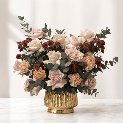 Blush Rose & Peach Carnation Floral Arrangement In Gold Vase