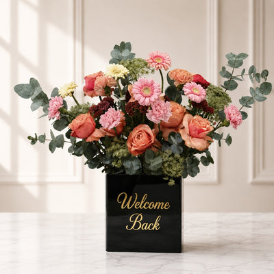 Welcome Back Floral Box Arrangement With Peach Roses & Pink Gerberas