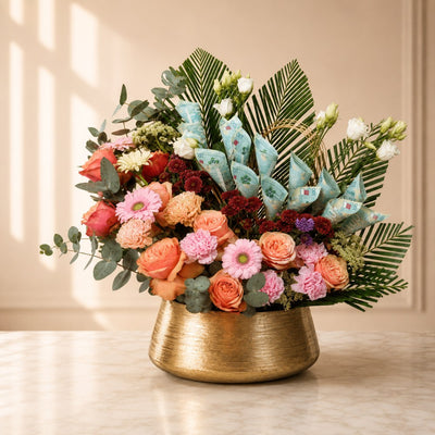 Premium Money Flower Arrangement With Fresh Roses In Gold Vase