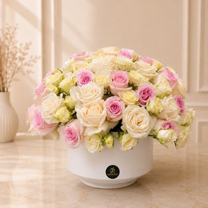 Pink & White Fresh Rose Arrangement In White Ceramic Vase