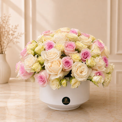 Pink & White Fresh Rose Arrangement In White Ceramic Vase