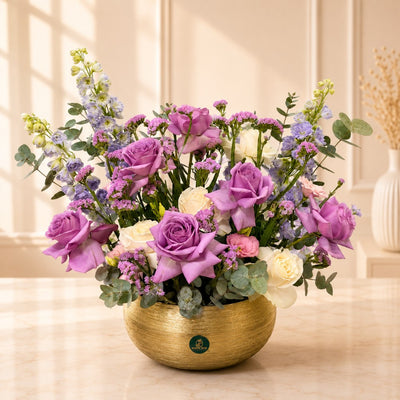 Purple Rose & Mixed Fresh Flower Arrangement In Gold Vase