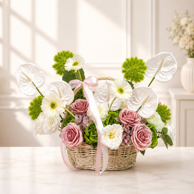 Premium White Anthurium & Pink Rose Artificial Flower Basket