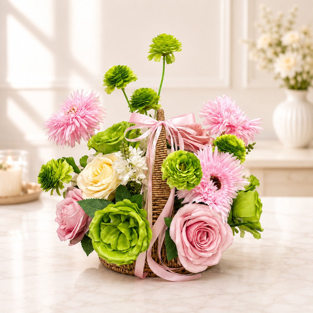 Premium Pink Rose & Green Chrysanthemum Artificial Flower Basket
