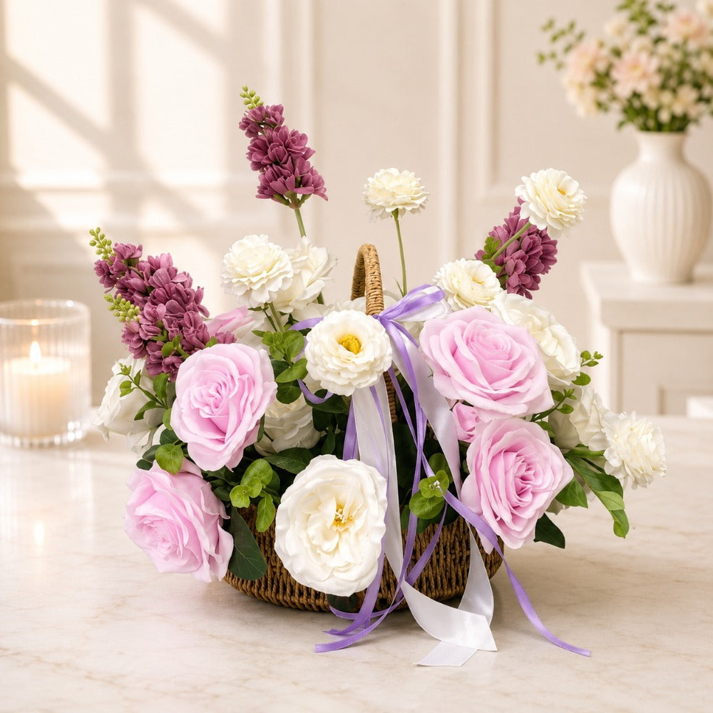 Pink Rose & White Chrysanthemum Artificial Flower Basket