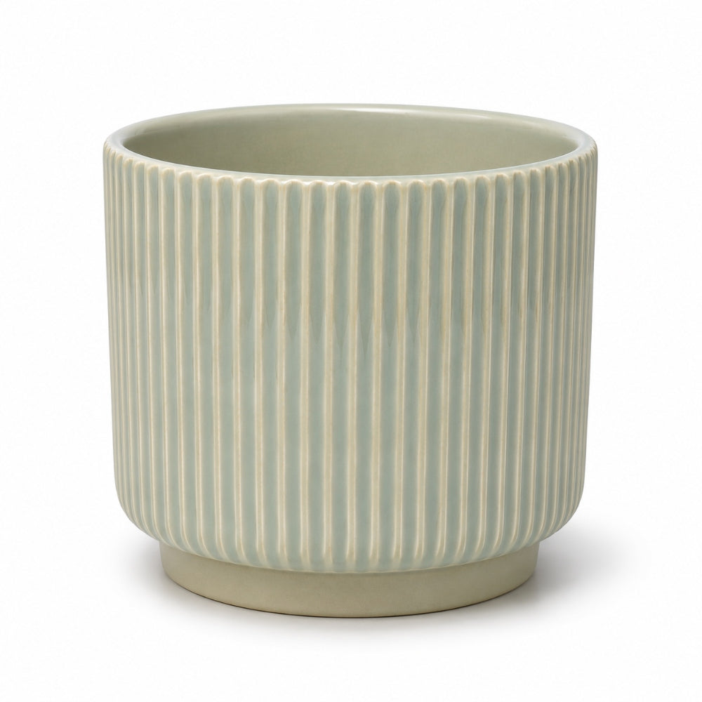 Modern Home Decor Planter Ribbed Ceramic Flower Pot - Sage Green - 16x16x14 Cm