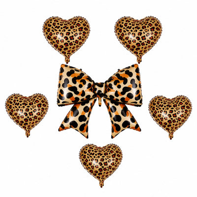 Leopard Print Foil Balloon Set - 1 Large Bow & 5 Heart Balloons - (Uninflated)