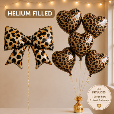 Leopard Print Foil Balloon Set - 1 Large Bow & 5 Heart Balloons - Helium