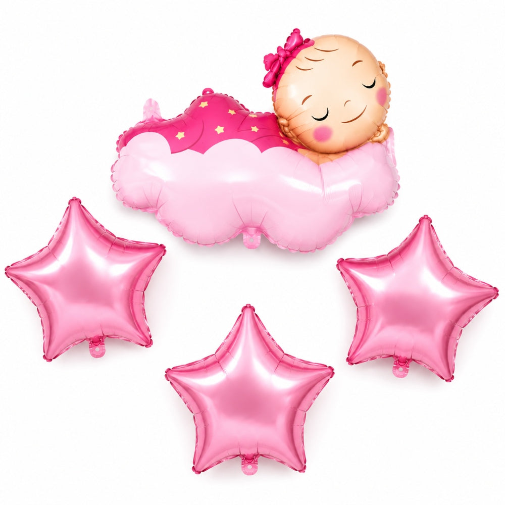 Sleeping Baby Girl With Star Foil Balloons Set - Pink - Pack Of 4 (Uninflated)