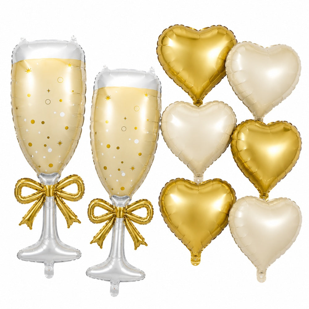 Champagne Glass & Heart Foil Balloon Set - Gold & Ivory - Pack Of 8 (Uninflated)