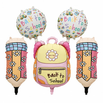 Back To School Foil Balloon Set - Backpack, Pencils & School Balloons - Pack Of 5 (Uninflated)
