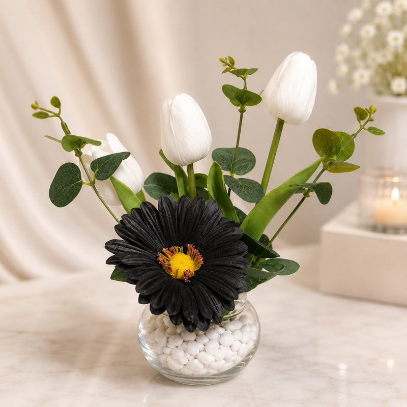 White Tulip & Black Gerbera Artificial Flower Vase Arrangement