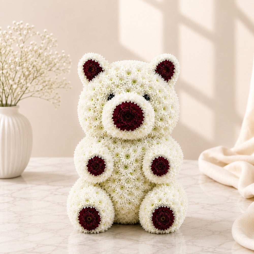 White Chrysanthemum Teddy Bear Flower Arrangement
