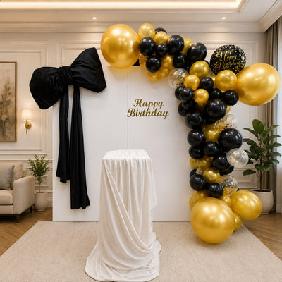 Happy Birthday Party Decoration Balloon With Backdrop Arrangement - Gold and Black