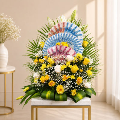 Yellow & White Fresh Flower Arrangement with Cash Gift Display