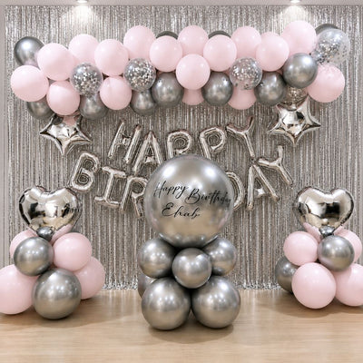 Happy Birthday Party Decoration Balloon Arrangement - Pink And Silver