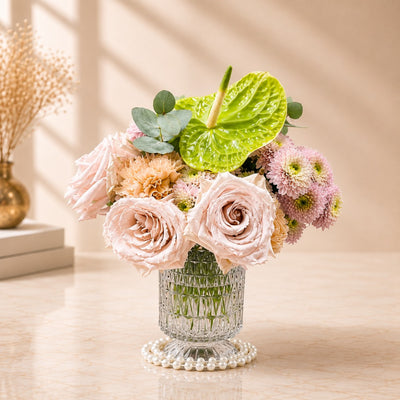 Blush Rose & Green Anthurium Arrangement in Glass Vase