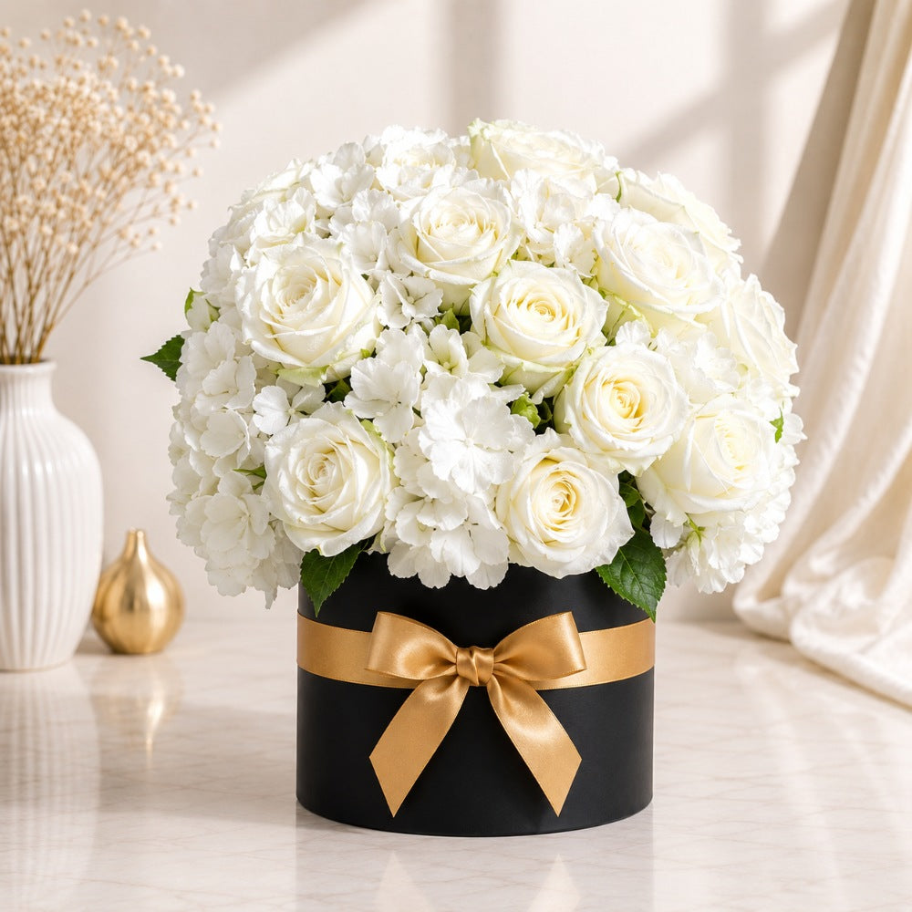 Premium White Rose Flower Box with White Hydrangeas