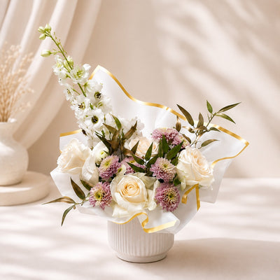 Fresh White Rose & Chrysanthemum Arrangement In White Vase