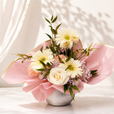 Fresh White Gerbera & Blush Rose Arrangement In Decorative Vase