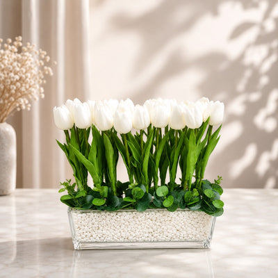 Artificial White Tulip Floral Arrangement in Rectangular Glass Vase