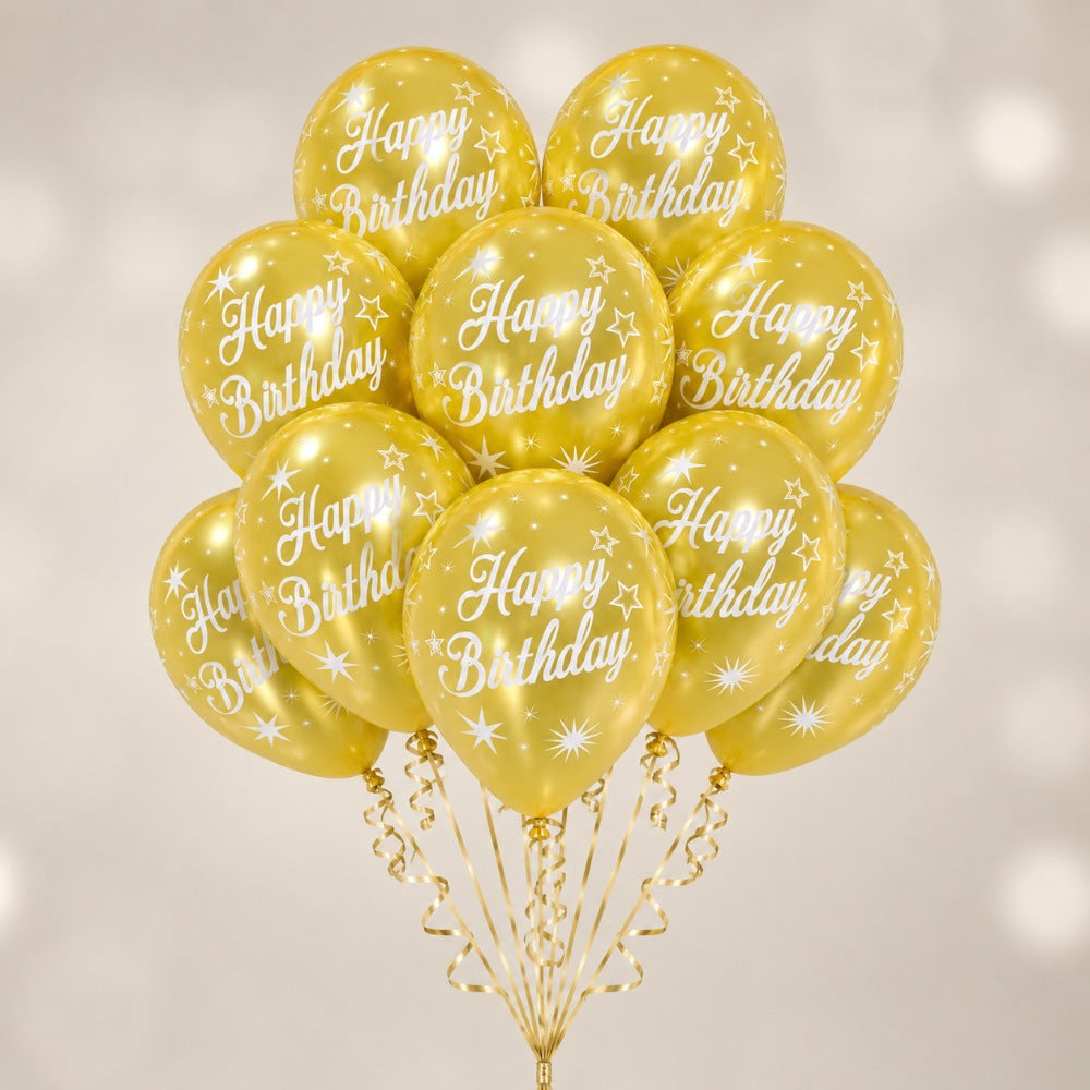 Happy Birthday Sempertex Helium Balloon Bouquet - Gold - 10pcs