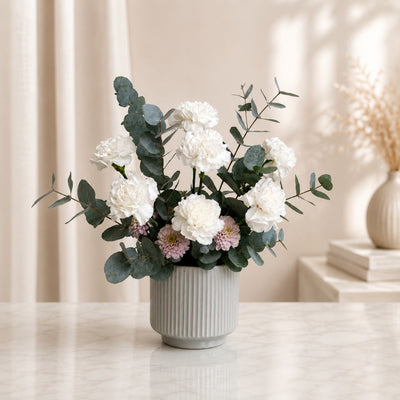 Fresh White Carnation Arrangement with Eucalyptus Leaves
