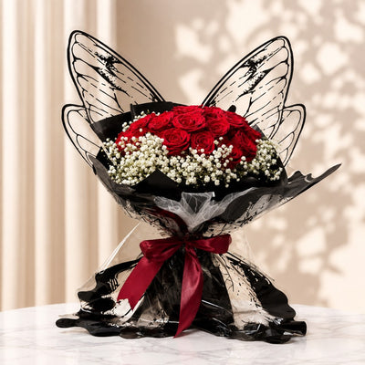 Premium Red Rose Bouquet With Butterfly Wing Wrapping
