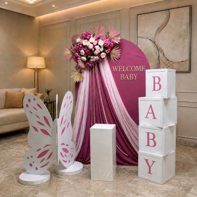 Elegant Pink Baby Shower Backdrop Arrangement with Flowers & Butterfly Decor