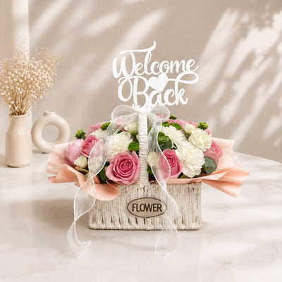 Elegant Welcome Back Floral Basket With Pink Roses