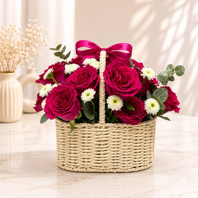 Fresh Fuchsia Rose Floral Basket Arrangement