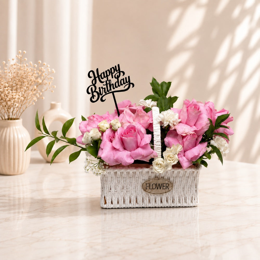 Elegant Happy Birthday Pink Rose Floral Basket