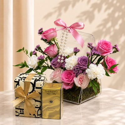 Luxury Mixed Rose Flower Arrangement with Perfume Gift Set