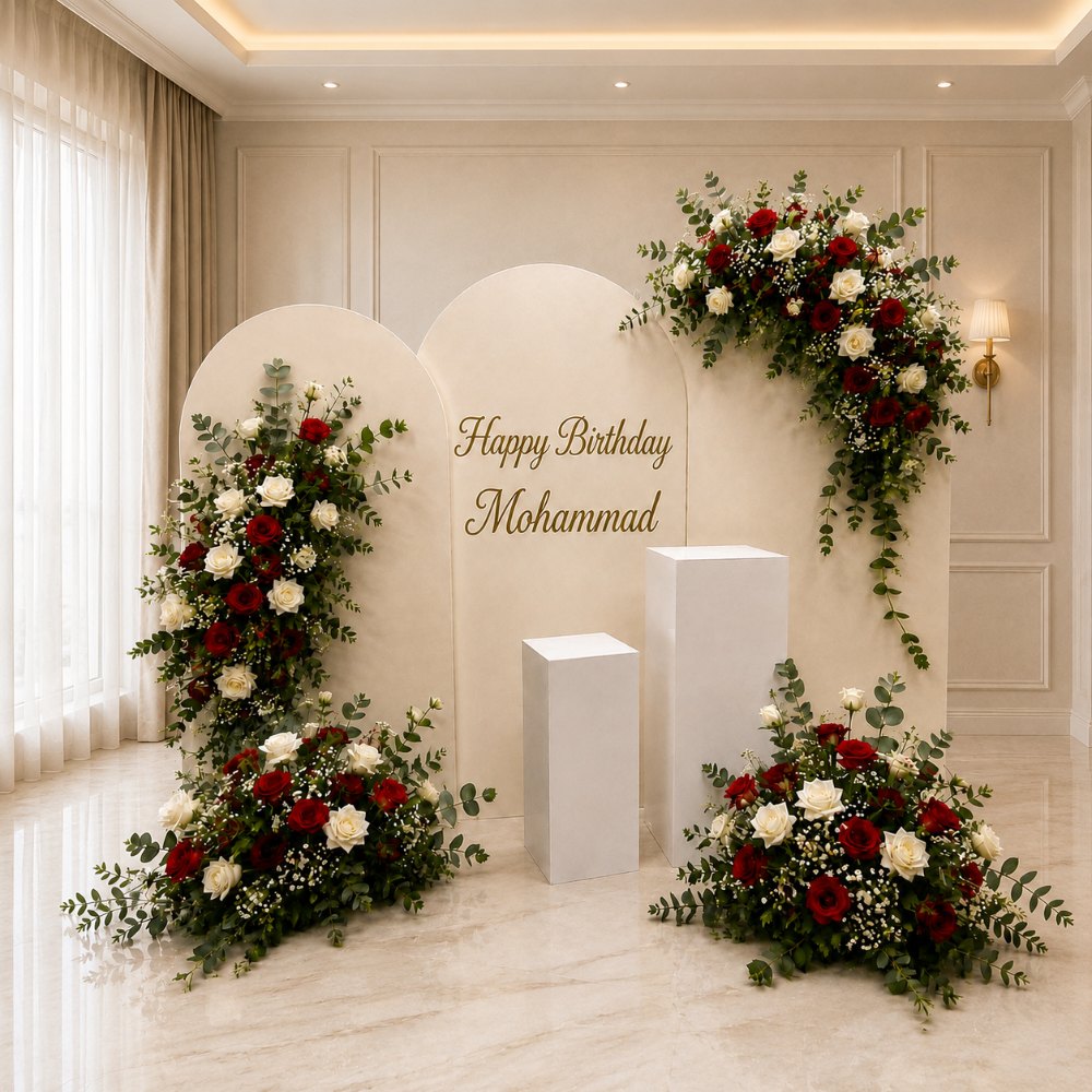Luxury Happy Birthday Floral Backdrop Decoration – Red & White Theme
