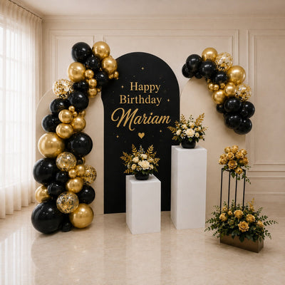 Luxury Happy Birthday Balloon Backdrop Decoration – Black & Gold Theme