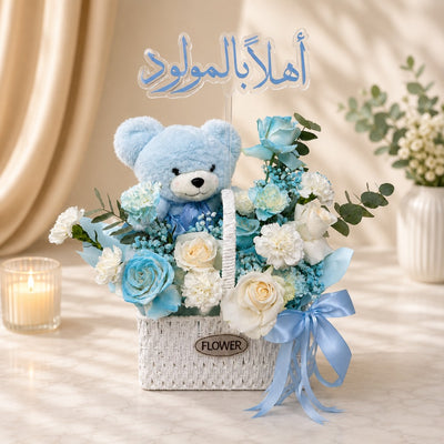 Welcome Baby Boy Rose Flower Basket with Teddy Bear