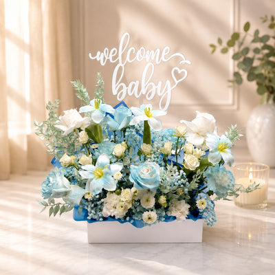 Welcome Baby Boy Blue & White Mixed Flower Arrangement