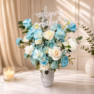 Welcome Baby Boy Blue & White Rose Flower Vase Arrangement