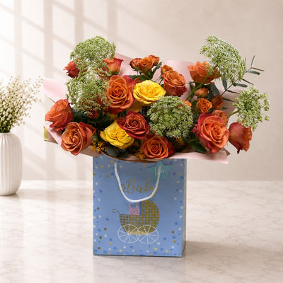 Welcome Baby Mixed Rose Flower Arrangement in Baby Gift Bag