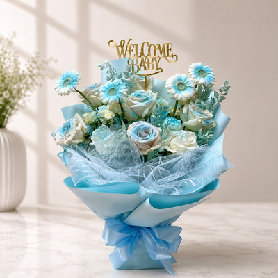 Welcome Baby Boy Blue & White Rose Bouquet