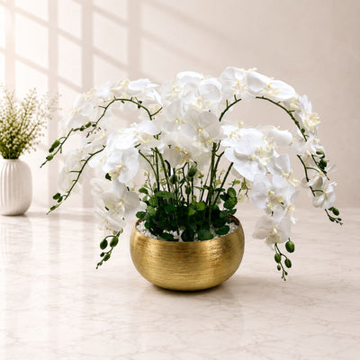 White Artificial Phalaenopsis Orchid Arrangement in Gold Vase
