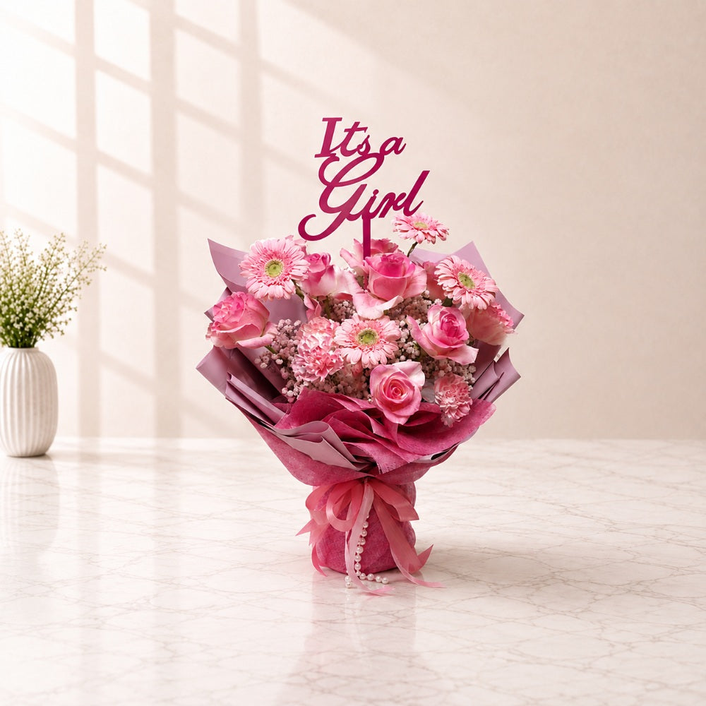 Welcome Baby Girl Pink Rose & Gerbera Flower Bouquet with “It’s a Girl” Topper