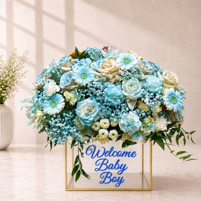 Welcome Baby Boy Mixed Flower Arrangement in Gold Frame Box