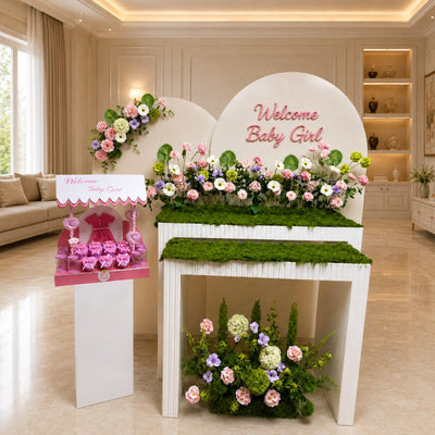 Welcome Baby Girl Floral Backdrop Arrangement