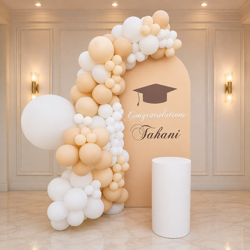 Elegant Graduation Balloon Backdrop Setup - Beige And White Theme