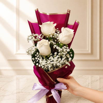 White Rose Bouquet with Burgundy Wrapping
