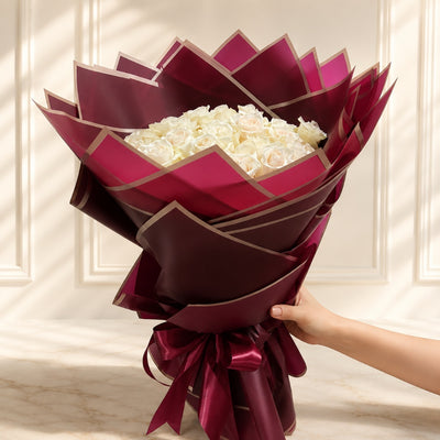 White Rose Bouquet with Burgundy Gold-Trim Wrapping