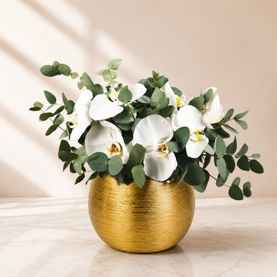 Luxury White Orchid Arrangement in Gold Bowl Vase